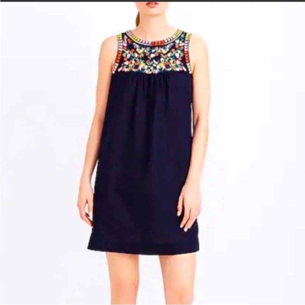J. Crew Factory Navy Mini Dress with Colorful Embroidered Yoke